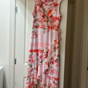 Calvin Klein Pink Floral Ruffle Midi Dress | Feminine Spring Wedding Guest